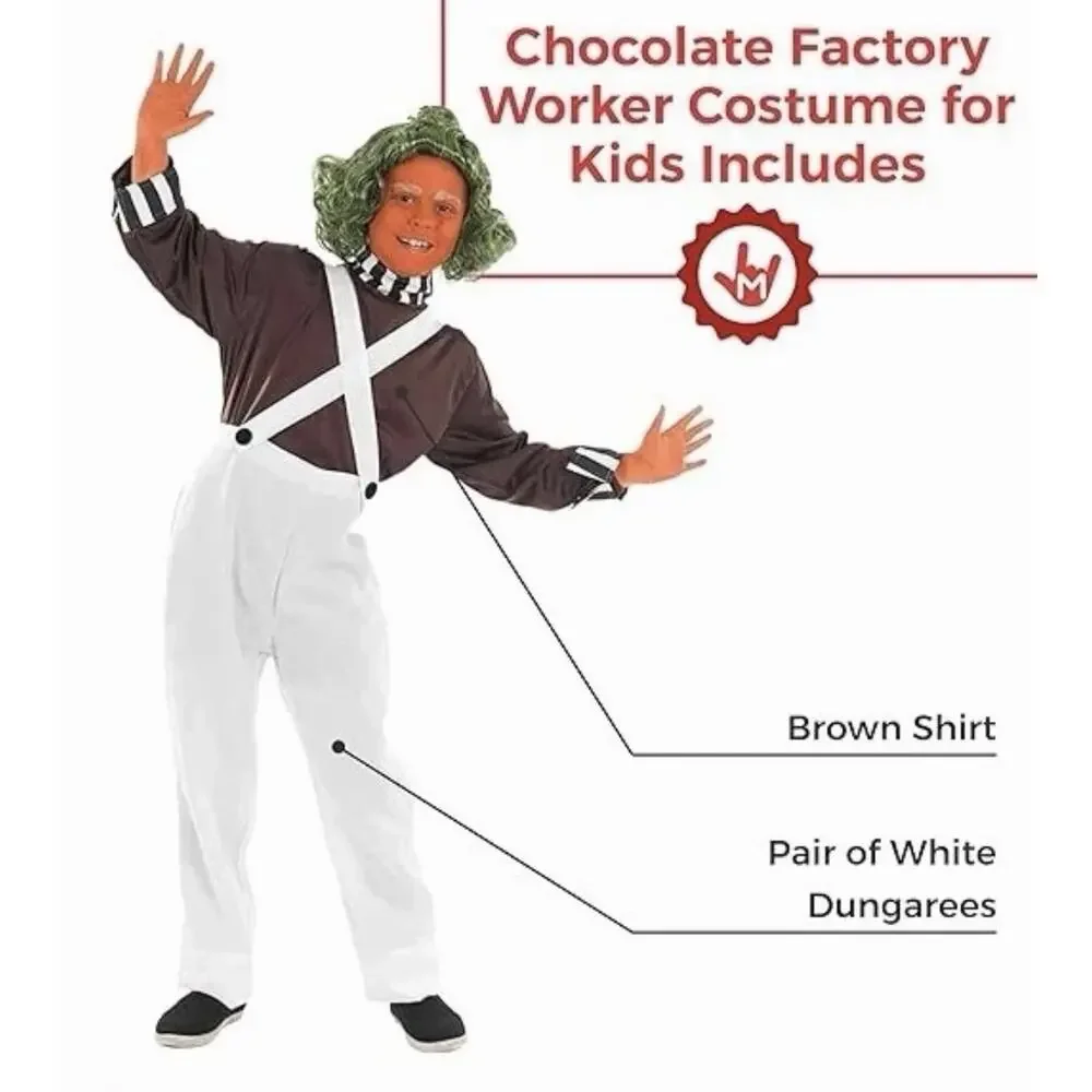 Kids Chocolate Factory Worker Costume Boys Girls Oompa Loompa Outfit Halloween M